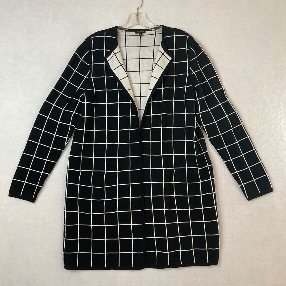 Talbots Petite Large Black White Windowpane Grid Open Front Cardigan Sweater